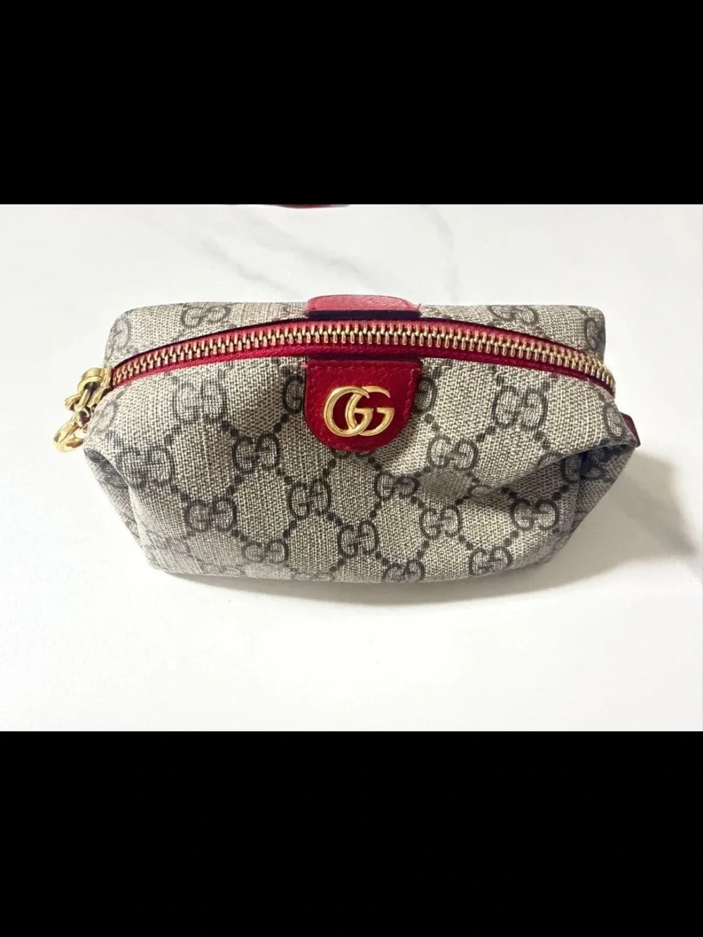 Gucci Beige GG Canvas Cosmetic Pouch with Red Trim and Gold Hardware